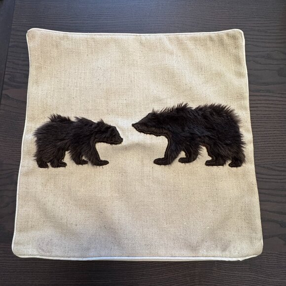 Accent Pillow Cushion Cover Furry Plush Brown Bears Weaved Beige Fabric *read* - Picture 1 of 6